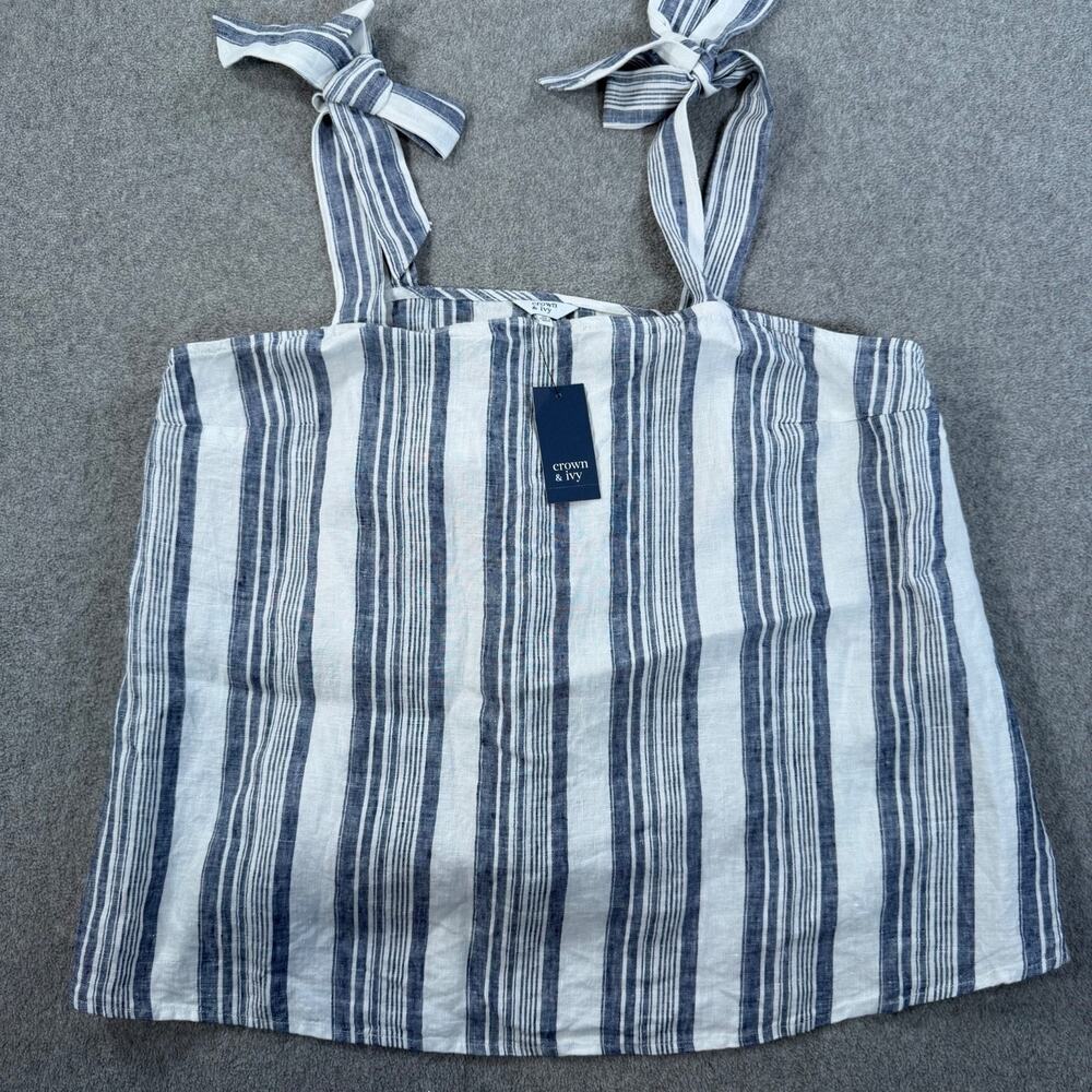 Crown & Ivy Striped Tie Shoulder Tank Top Women's X-Large Blue Linen White New
